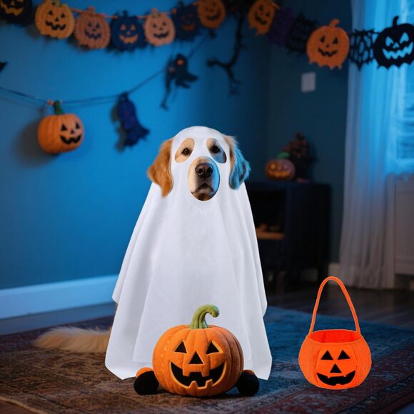 Dog Ghost Halloween Costume with Pumpkin Bag Funny Pet Outfit for Large Dogs - Picture 5 of 6